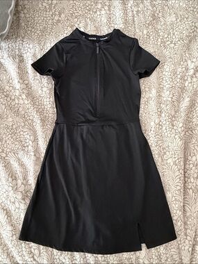 LOUNGE UNDERWEAR Black Short Sleeve Zip Athletic Dress Varsity Collection